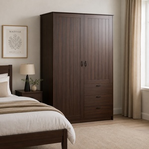Modern <b>Walnut</b> Wood Bedroom Wardrobe Closet with 3 <b>Drawers</b> Armoire for Bedroom Furniture - Product Image 1