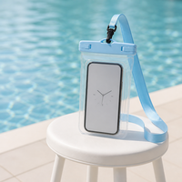 Pochette de téléphone transparente et étanche personnalisée avec fermeture à glissière bleue et cordon pivotant, sac étanche pour piscine et voyage