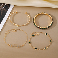 KISSWIFE 4PCS Set Perhiasan Gelang Zirkon Hijau Modis Set Gelang Rantai Ular Kristal untuk Wanita