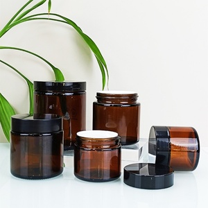 1oz 2oz 4oz 8oz Straight Sided Round Amber Glass Cosmetic <b>Jar</b> with Black Plastic Lid BPA Free Container - Product Image 3