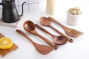 Hot Bán tự nhiên Gỗ Tếch 5 cái nhà bếp bằng gỗ Đồ dùng nấu ăn thiết lập với thìa - Product Image 4