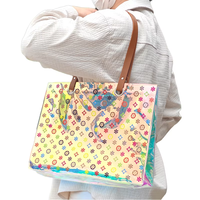 Sac fourre-tout cosmétique pour femme en PVC brillant holographique résistant à l'eau, brodé, à ouverture à ressort, pressé à chaud haute fréquence