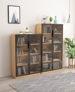Bibliothèque moderne en bois avec portes vitrées et étagères ouvertes pour le bureau à domicile et le salon - Product Image 1