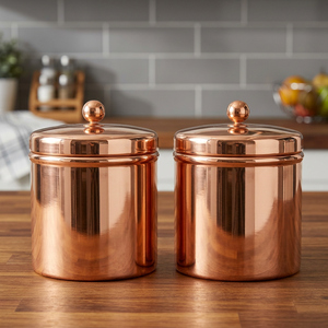 Contenants de stockage alimentaire en cuivre, forme cylindrique, couvercles hermétiques, design moderne, ensemble empilable de 2 pour la conservation des épices de cuisine - Product Image 1