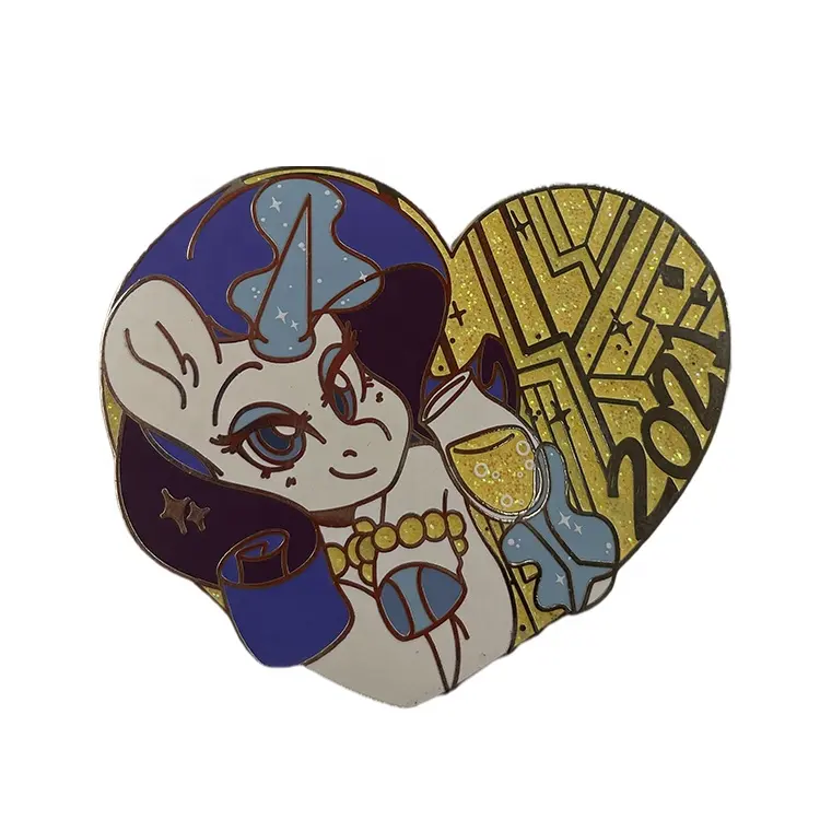 Heart shape unicorn animal cartoon with yellow glitter design high quality manufacture lapel hard enamel