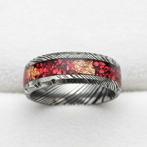 Nouvelle conception tendance, bande en acier damas avec incrustation d'<span class=keywords><strong>opale</strong></span> rouge et feuille d'or de 8 mm, bagues de fiançailles, de mariage et de fête pour hommes et femmes, cadeau - Product Image 3