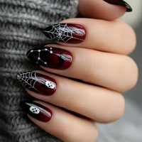 Faux ongles courts en amande à presser pour Halloween, motif sang rouge, fantôme, chauve-souris, citrouille, toile d'araignée, feuille d'érable, réutilisables