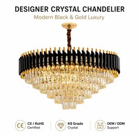Lustre en cristal noir et or de luxe, lumière blanche chaude, décoration intérieure élégante, salon, lampe suspendue E14, économie d'énergie