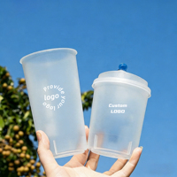 Gobelets en plastique jetables à paroi simple avec logo personnalisé imprimé, 16/24 oz, couvercles en PP givré, diamètre 90 mm, pour café et boissons gazeuses