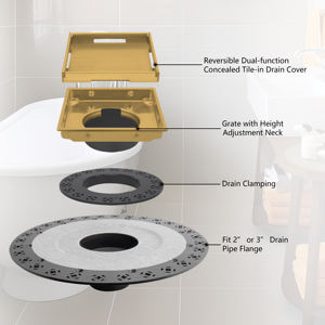 Siphon de douche doré brossé avec grille de drain encastrable de 4 pouces, incluant un col et un anneau de réglage de hauteur pour bac Schluter - Product Image 6