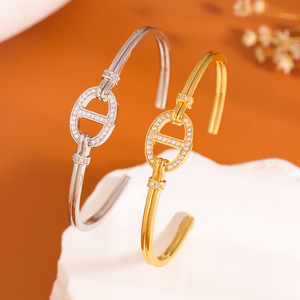 European Style Full Zircon Open Bangle For Women Gold And White Micro Insert <b>Copper</b> Jewelry Anniversary <b>Bracelet</b> - Product Image 4