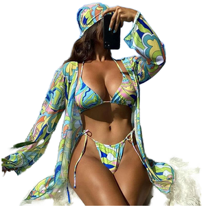 WG 2025 Nuevo Conjunto de Bikini de Cuatro Piezas con Estampado a Cuadros en 3 Colores, Anti-UV, Spandex/Poliéster, con Pañuelo para la Playa - Product Image 1