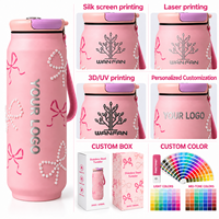 Bouteille d'eau isotherme à double paroi en acier inoxydable 304 de 16 oz, couleur personnalisée, avec corde, pour filles, motif canette de cola perlée