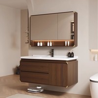Meuble de salle de bain en bois massif de style médiéval avec lavabo en céramique intégré et miroir de salle de bain laqué pour hôtels