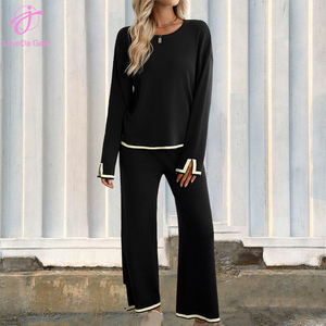 Loveda venta al por mayor nueva llegada mujeres Color sólido cuello redondo hendidura puños Top pantalones urbano Casual traje de moda - Product Image 3