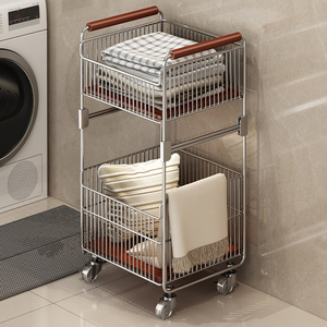 Storage Cart Double Layer Metal Laundry Basket With Wheels For Bathroom Clothes Organizer 20-35L Capacity Standing Type - Product Image 1