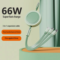 Câble de données rétractable trois-en-un en cuivre pur tressé TPE 66W 3A à charge rapide pour téléphones mobiles Android, ordinateurs et appareils photo