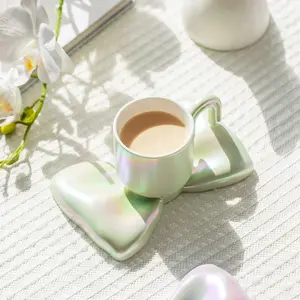 Galvani sieren Pearl Glaze Bow Kaffeetasse und Untertasse Set Kreative U-förmige Griff becher 210ML Mini Cute Couple Geschenk Trinkbecher
