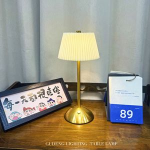Cross-border modern minimalist fabric metal pleated <b>table</b> <b>lamp</b> for bedroom bedside ambient lighting, rechargeable USB touch - Product Image 1