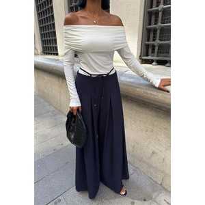 Pantalon plissé ample pour femme S6K-0084, bleu marine, coupe ample avec détail de ceinture à nouer à la taille - Product Image 5