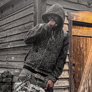 Individuelles <span class=keywords><strong>Logo</strong></span> 100% Baumwolle French Terry Gepardenmuster Herren-Hoodies Kastenförmig Kurz Geschnitten Acid Wash Strass Leopardenmuster Reißverschluss-Hoodie - Product Image 2