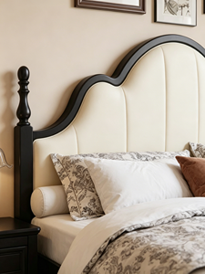 Premium Black Solid Wood <b>Bed</b> <b>Frame</b> French Vintage Wavy Upholstered Headboard Comfortable Bedroom Furniture Stable Home Wooden Do - Product Image 2