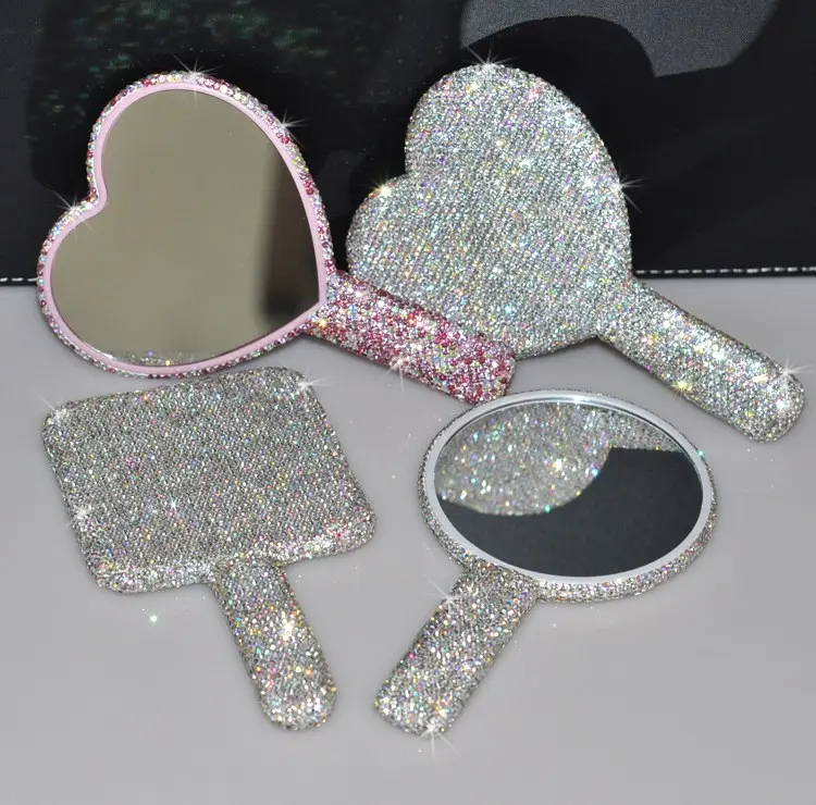 Luxury Shinny Crystal Rhinestone Hand Mirror Diamond Silver Pink Round Portable Vanity Mirror Princess Makeup Mirror