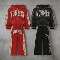 Ensemble de survêtements streetwear OEM personnalisés avec strass, zippés, oversize, effet délavé soleil, brodés, vintage, délavés à l'acide pour hommes