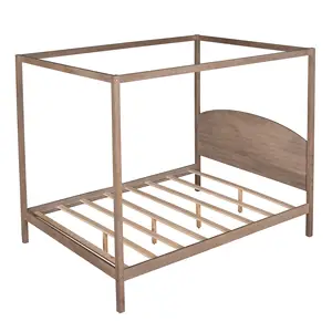 Queen Size Platform Bed with Headboard Wood 4-Post Canopy Platform Bed Frame with Support Legs