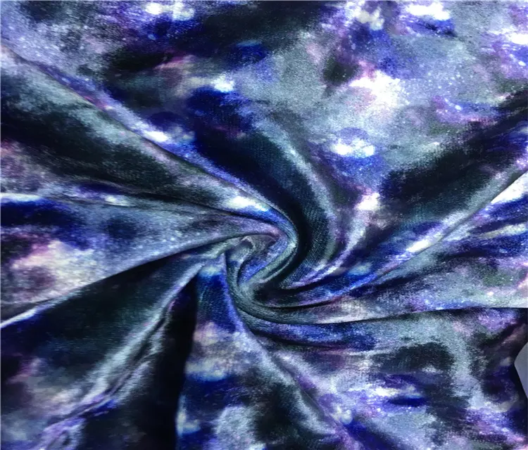 Low MOQ Polyester Material Blue Shimmer Custom Velvet Fabric For Sale Digital Printed For Dresses