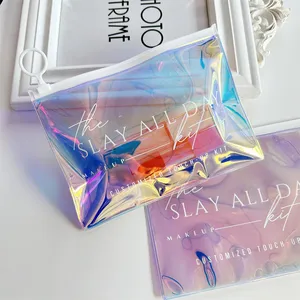 Custom Logo Packaging Rainbow Holographic Bags Iridescent Pvc Laser Bag Clear Zipper Cosmetic Frosted Plastic Zip Top Bag