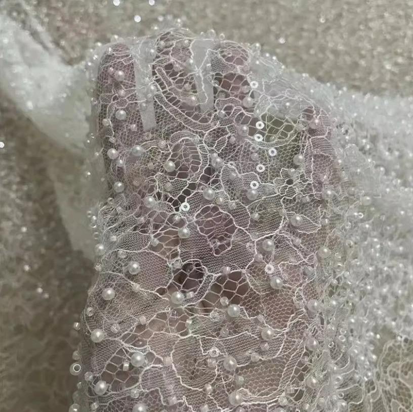 Natural White Beaded Sequin Mesh Lace Embroidered 100% Polyester Fabric Handmade Diy Clothing Accessories For Wedding Bags Shoes