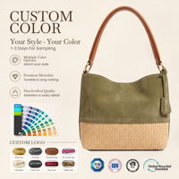 Sac seau en faux daim kaki et beige avec tressage en paille et dessus ouvert, élégant et chic pour femme, personnalisable OEM