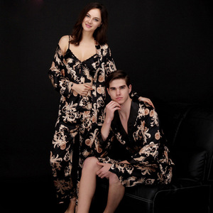 Abito di lusso in raso di seta accappatoio <span class=keywords><strong>da</strong></span> uomo <span class=keywords><strong>camicia</strong></span> <span class=keywords><strong>da</strong></span> <span class=keywords><strong>notte</strong></span> maschile Kimono <span class=keywords><strong>vestaglia</strong></span> accappatoio donna pigiami coppia - Product Image 3