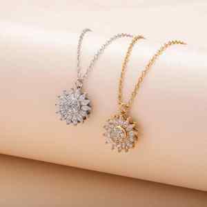 Collar de Cadena de Acero Inoxidable con Baño de Cobre y Circones Brillantes, Colgante Giratorio de Girasol, ¡Venta Caliente! - Product Image 1