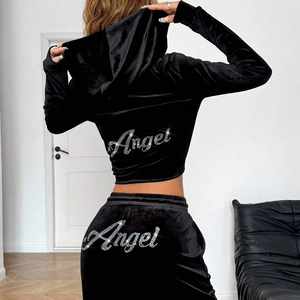 Tùy Chỉnh Kim Cương Hai Mảnh Velour Phụ Nữ Áo Và Jogger Tracksuit Set Hợp Thời Trang Phụ Nữ Giản Dị Rhinestone 2 Mảnh Thiết Lập - Product Image 1