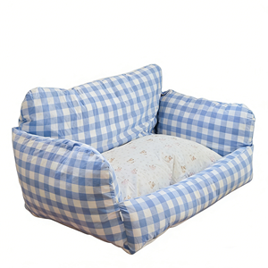 ZHONGYA Huisdieraccessoires Afneembaar en Wasbaar Waterdicht Huisdierenbed met Koreaanse Stijl Zachte Huisdierenbed Blauw Geruit Klein Kattenbankje - Product Image 1
