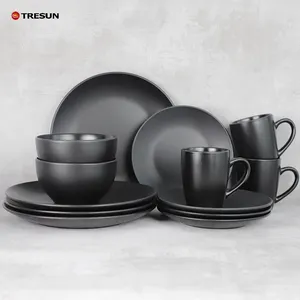 chinaware ceramic supplier sering 16-pieces pcs round matte black glaze stoneware tableware dinnerware set serve for 4 person