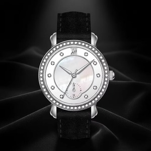 Quartz Coin Watch for Women Iridescent Glass Dial Paved Crystal <b>Case</b> Soft Black Suede Band Mini Subdial Office Wear - Product Image 2