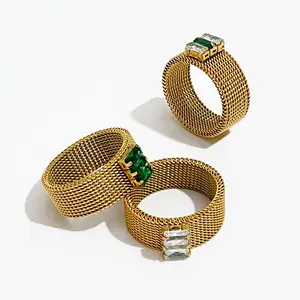 欧洲时尚新款不锈钢绿色方形锆石指环镀金网状锆石戒指