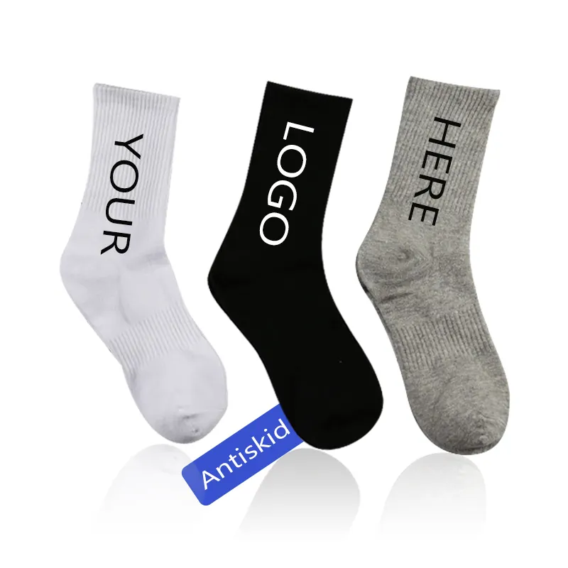 Оптовая продажа, хлопковые носки с логотипом на заказ, нескользящие спортивные носки для атлетики, мужские повседневные осенние вязаные носки с принтом из 100% хлопка