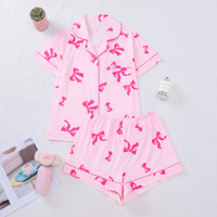 Set piyama wanita 2 potong pinggang elastis, pakaian tidur kancing bawah dengan celana kaki lebar Logo depan pakaian panjang dengan saku musim panas