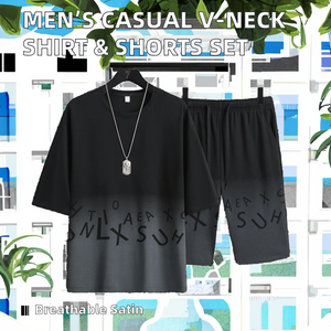 Ensemble décontracté 2 pièces pour homme : T-shirt col en V et short imprimé lettres, noir, respirant, en satin polyester/coton, idéal pour l'été - Product Image 2