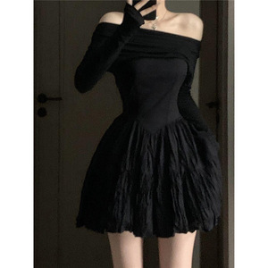 Off The Shoulder Black Dress Women Autumn Winter 2025 French Style Elegant Bodycon Short Skirt Solid Color Natural Waistline - Product Image 2