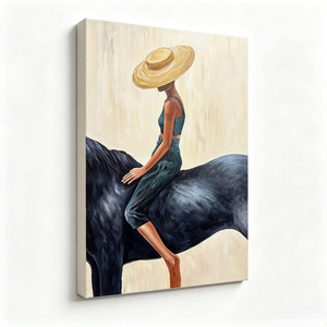 Femme avec un large chapeau de paille montant à cheval noir - Impression sur toile encadrée - Art mural figuratif pour la décoration du salon ou du bureau - Product Image 1