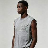 Débardeur Homme Gris Effet Usé Personnalisé Kornit DTG Sans Manches Vintage Lavé Coupe Muscle Avec Poche Logo Personnalisé Fabrication OEM