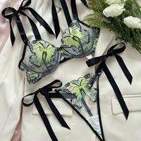 Sous-Vêtements de Nuit Deux Pièces Papillon Brodés Charmants et Abordables avec Liens en Ruban pour Femme, en Gros