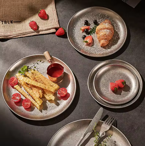 Retro Paslanmaz Çelik Tabak Buzlu Yuvarlak 304 Paslanmaz Çelik Yemek Tabağı Meyve Salatası Tepsisi Kamp Açık Hava Tabak Seti - Product Image 1