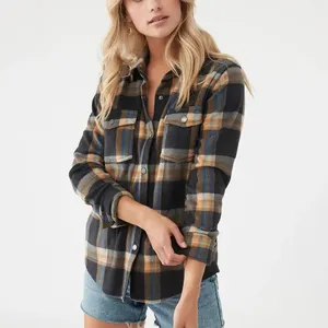 Chemise en flanelle à carreaux pour femmes, vente en gros, chemises en flanelle de coton à manches longues pour femmes