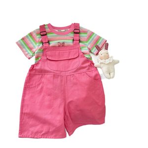 Girls Striped T-Shirt Pink Overalls Set Cotton Summer Clothing For Little Girls Two Piece Outfit - Product Image 5
